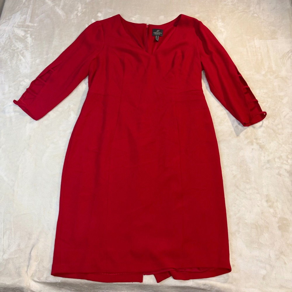 Adrianna Papell Red Crepe Sheath Dress V-Neck Lattice Cutout Sleeve Womens 14